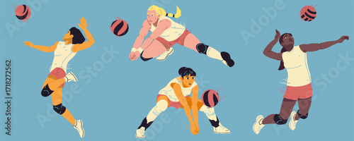 Set of illustrations of a female volleyball players. Vector illustration.