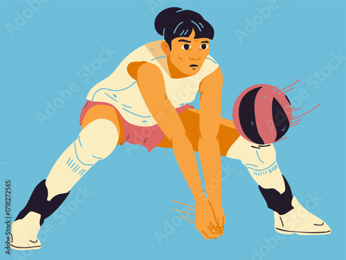 A female volleyball player is preparing to hit the ball while jumping. Vector illustration.
