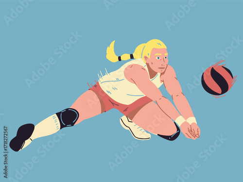 A female volleyball player is preparing to hit the ball while jumping. Vector illustration.