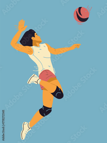 A female volleyball player is preparing to hit the ball while jumping. Vector illustration.