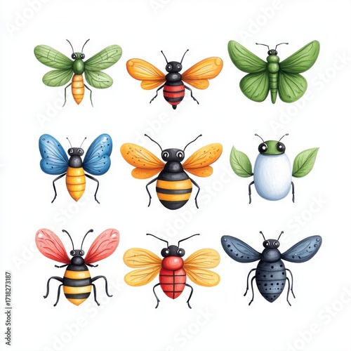 Colorful Collection of Cute Insects and Bees in Vector Style Art
