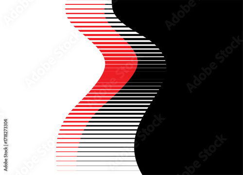 Transition from black to white. Vertical vector pattern of curved wavy ribbons. Striped design element. Modern divided vector background. Thin parallel lines. Red-black