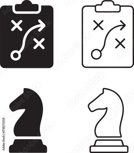 Isolated strategy icons, solid plan, line plan, filled chess piece, thin stroke chess piece, editable black vector, business planning, game strategy, success decision design