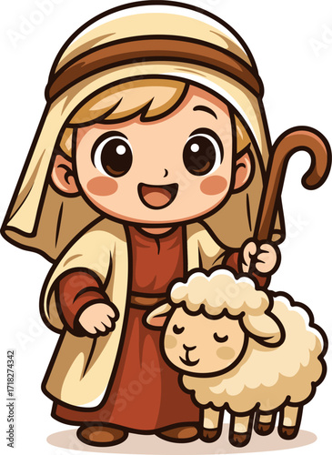 Cute cartoon illustration of a shepherd boy holding a staff with a little sheep. Nativity scene character for Christmas, isolated on white background.