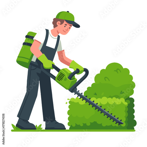Gardener using hedge trimmer to shape green bushes outdoors  
