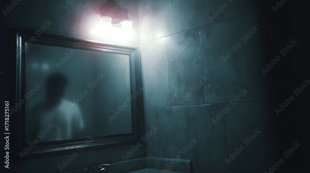 Fototapeta premium A blurry translucent figure is faintly reflected in a fogged bathroom mirror illuminated by unsettling dim overhead lights