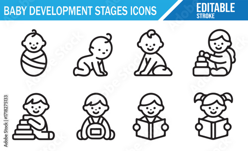 Vector illustrations of baby development activities in clean outline stroke style