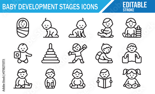 Baby growth stages outline icons representing crawling, sitting, and playing steps
