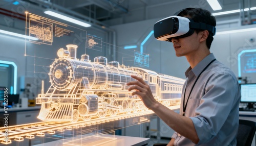 Wallpaper Mural Immersive Engineering Asian Designer in VR Interacts with Holographic Steam Locomotive Blueprint in Future Tech Lab Torontodigital.ca