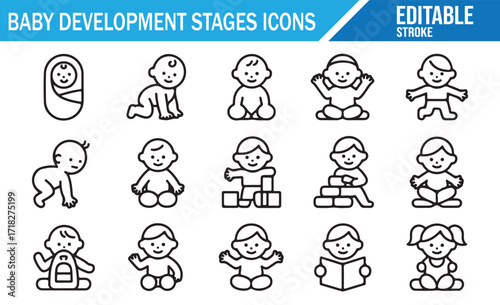 Modern baby milestone line vector icons for parenting, childcare, and early learning