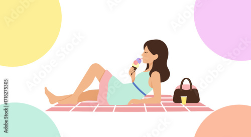 Woman Reclining Outdoors, Eating Ice Cream, Enjoying a Pleasant and Relaxing Afternoon