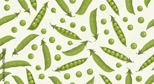 Vibrant green pea pods and shelled peas create a fresh organic vegetable food pattern, perfect for healthy eating designs and natural produce backgrounds