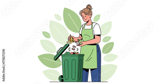 Woman Recycling Food Waste Into Compost, Embracing Sustainable Practices Outdoors With