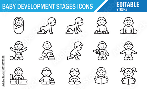 Set of editable outline icons of baby development stages, line stroke illustrations of newborn, crawling, sitting, playing, reading, and growth milestones for childcare, parenting, toddler, and early 
