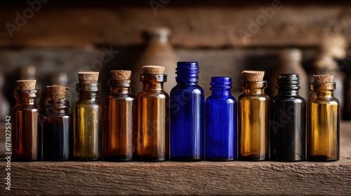 Vintage Glass Bottles with Cork Stopper on Wooden Shelf