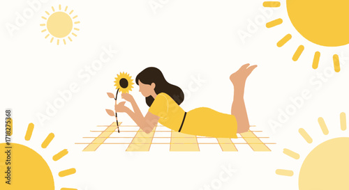 Woman Relaxes And Admiring A Sunflower On A Sunny Day With Beautiful Weather