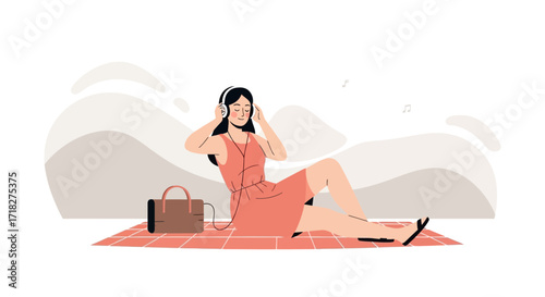 Woman Relaxing And Indulging In Music While Enjoying Leisure And Peace Outdoors