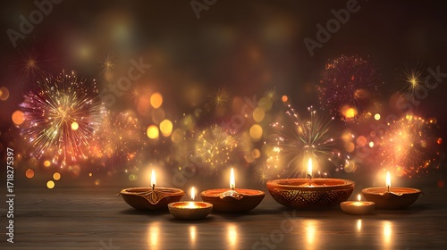 Indian festival Diwali, Diya oil lamps lit on colorful rangoli. Happy Deepavali. Copy space for text.