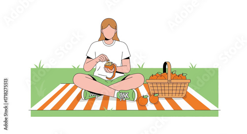 Woman Relaxing Outdoors Preparing Oranges for snack on A Sunny Afternoon Picnic