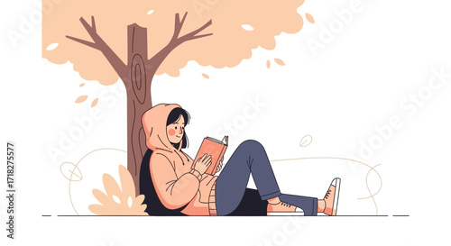 Woman Relaxing Under a Tree While Reading a Book in Pleasant Daytime