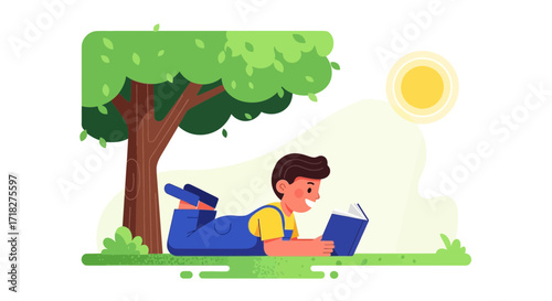 Young Boy Reclines Outdoors and Enjoys Reading a Book Under a Shady Tree