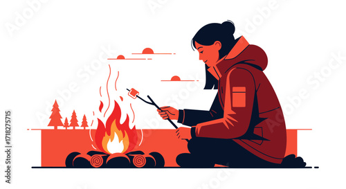 Woman Roasting Marshmallow on Fire as Part of Camping or Outdoor Recreation Activities