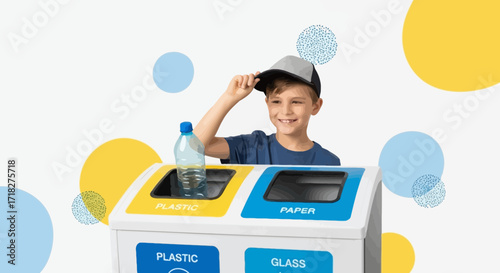 Young Boy Smiling While Recycling Plastic Bottle Into The Appropriate Bin