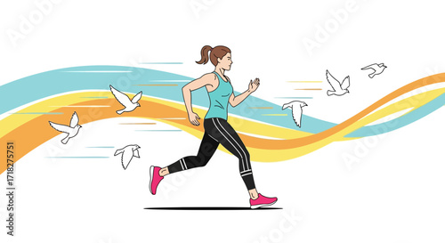 Woman Running with Birds and Waveforms of Colors for Health and Wellness Illustration