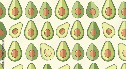 Seamless pattern of halved organic avocados, a fresh and healthy food choice, perfect for kitchen decor and culinary inspiration