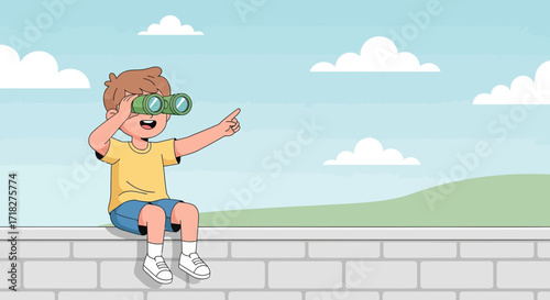 Young Boy Uses Binoculars To Explore The World and Discover Wonders Around Him