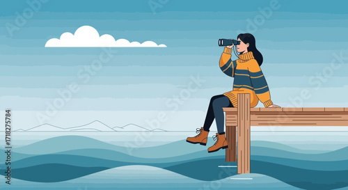 Woman Searching Horizon with Binoculars Over Seaside from a Wooden Dock Looking Ahead