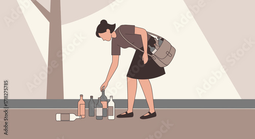 Woman Selecting Wine Bottles From Ground Illustrative Depiction Of Alcohol Purchase