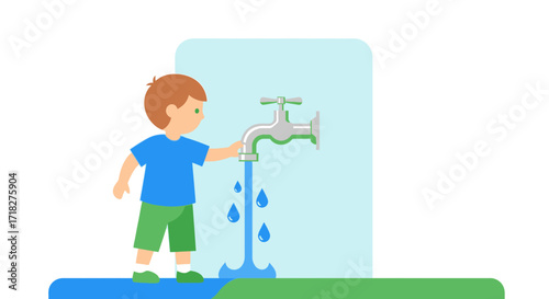 Young Child Activating Water Flow From Faucet For Drinking Purposes And Hygiene