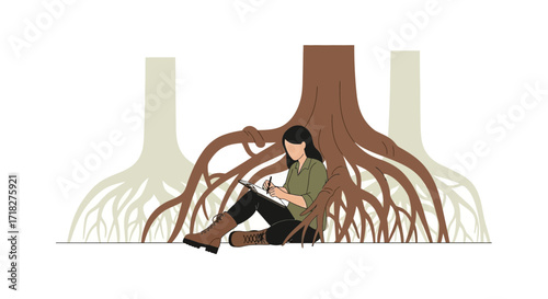 Woman Sketches Beneath Large Tree Roots, Artistic Illustration of Nature and Contemplation