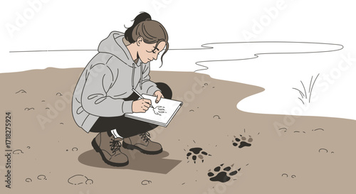 Woman Sketching Animal Footprints On Beach Inspiring Wildlife Conservation Activities Concept Art