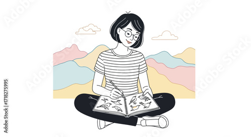 Woman Sketching Birds In Her Notebook Outdoors Amidst Pastel Hued Mountainous Terrain