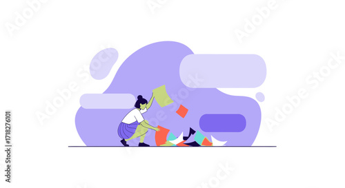 Woman Sorting Documents Against Abstract Background with Thought Bubbles
