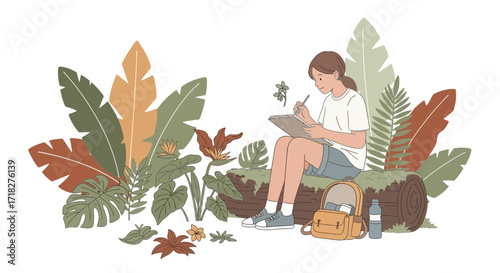 Woman Sketching Nature Surrounded By Lush Foliage And Backpack Resting On Log