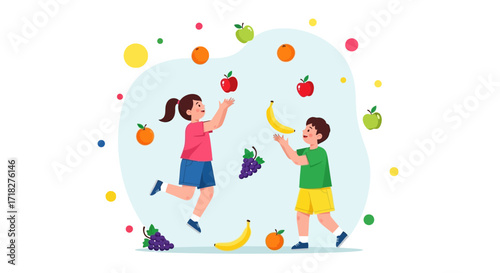 Young Children Enjoying Fruit, Playing, and Having Fun in Playful Dietary Activity
