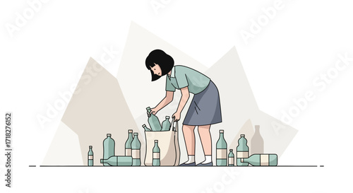 Woman Sorting Glass Bottles for Recycling, Environmentally Conscious Living and Sustainability