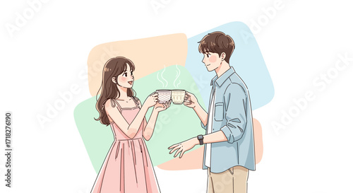 Young Couple Cheers Exchanging Coffee, Celebrating With Warm Beverages Together