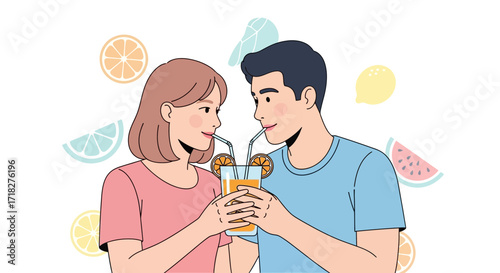 Young Couple Enjoying Refreshing Juice Together During A Sunny Day