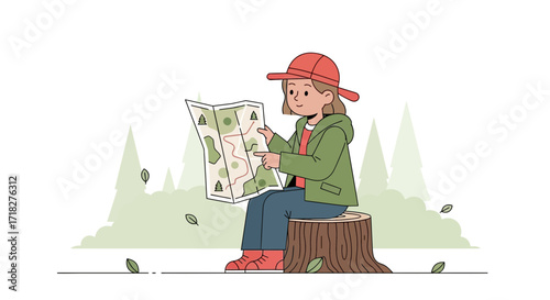 Young Explorer Analyzing a Topographic Map While Relaxing on a Wooden Stump
