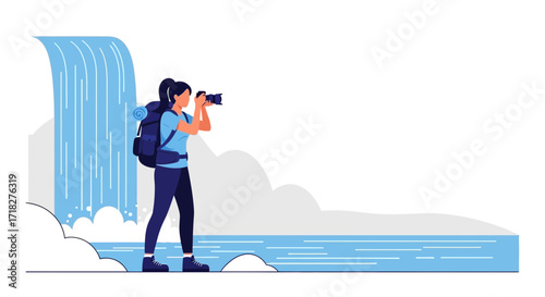 Woman Taking Pictures of a Waterfall, Illustrating Nature and Adventure Through Photography