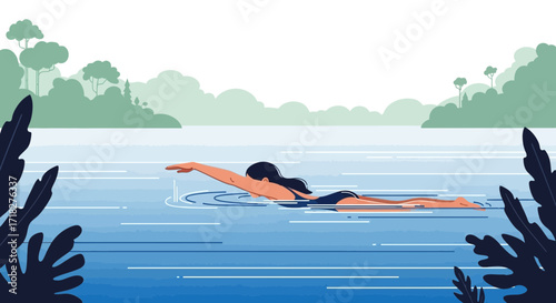 Woman Swimming In Serene Lake Beneath Trees and Soft Clouds Illustration