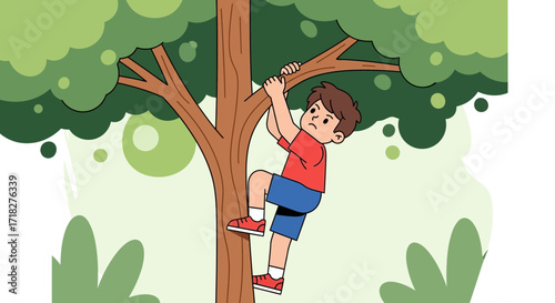 Young Explorer Ascending Upward A Tree, Seeking Adventure and Facing New Heights