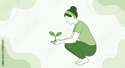 Woman Tenderly Presenting A Young Sprout With Natural Background On White Canvas