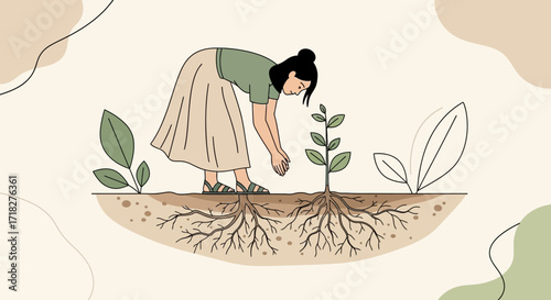 Woman Tending a Plant with Roots and Fresh Leaves in a Peaceful Scene