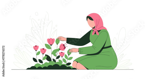 Woman Tending Flower Garden In A Calm And Peaceful Setting Illustrator Style