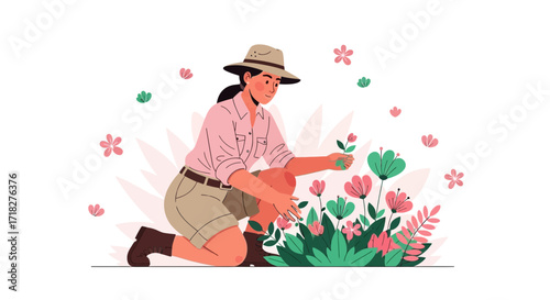 Woman Tending Flowers In Garden With Stylish Fashion And Botanical Surroundings